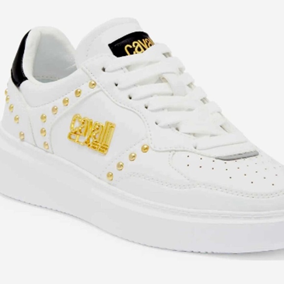 NEW Roberto Cavalli Studded Sneakers White Leather Tennis Athletic Shoes - sz 39